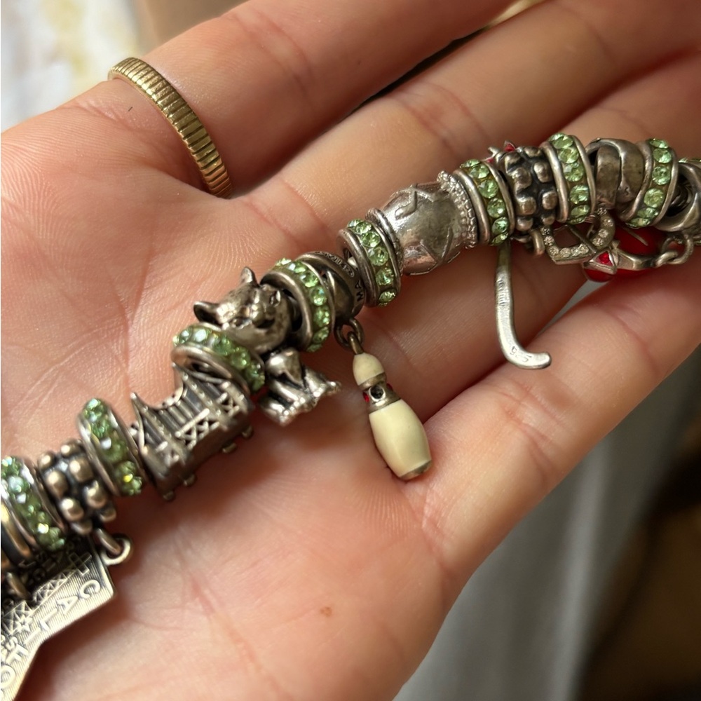 Pandora 925 Sterling Silver Charm Bracelet with Green Crystal Accents - Picture 4 of 6